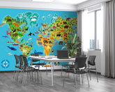 Animal world map wallpaper featuring illustrated continents and regional wildlife.